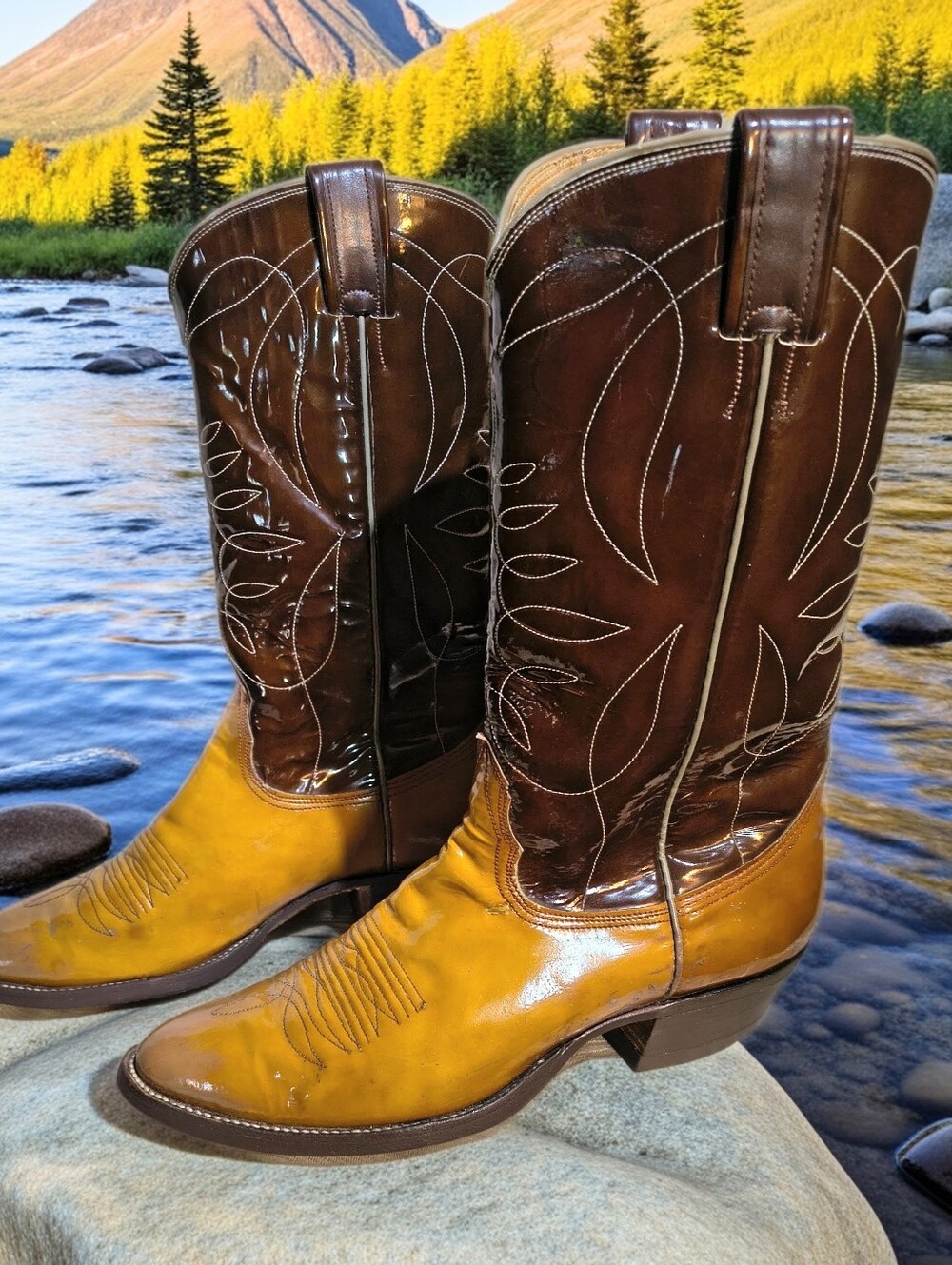 Nocona Rare Patent Leather Cowboy Boots. 9.5D, 2 Tone Brown, Vintage USA